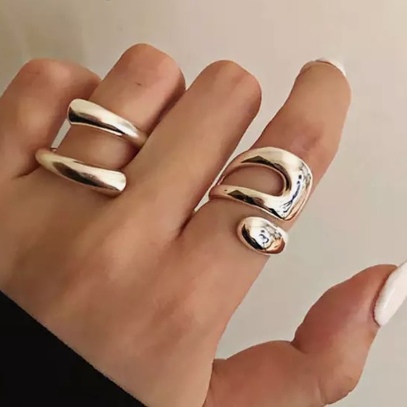 NEW 925 Sterling Silver Ring Set Resizable Abstract Minimalist - Picture 2 of 13